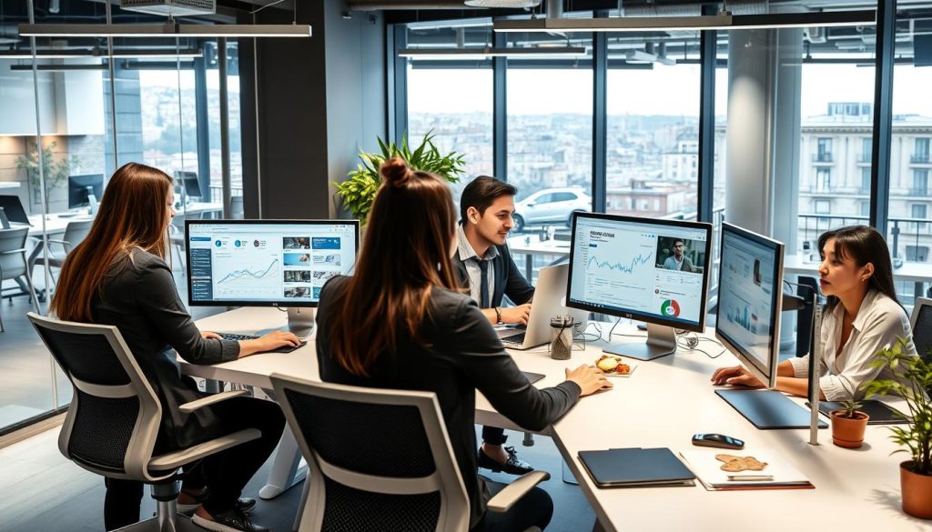 A digital marketing team working in a modern office in Italy