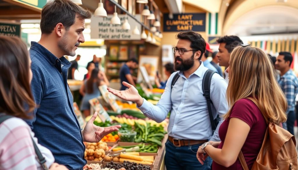 A food tour guide explaining Italian cuisine to tourists in a market in Italy