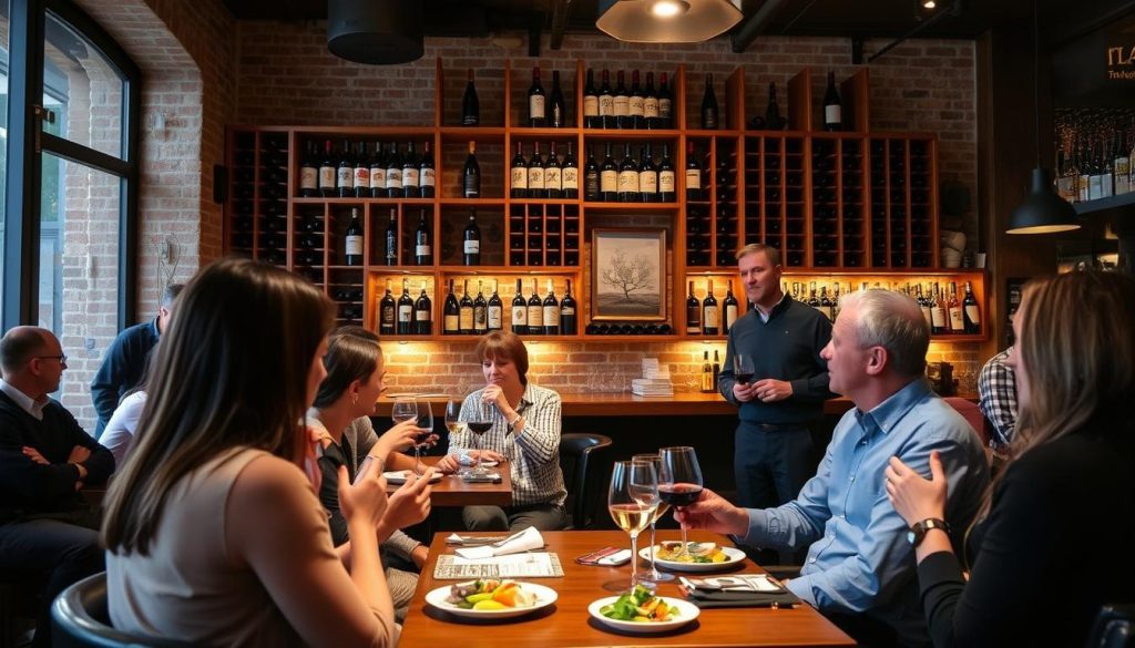 A stylish wine bar in Italy with customers enjoying wine tasting