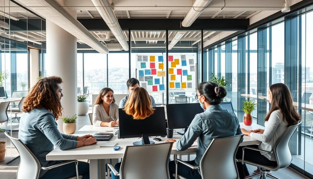 A tech startup team working in a modern co-working space in Italy