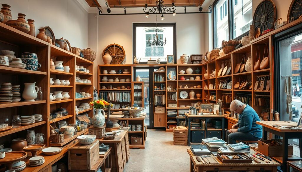 An artisan craft shop in Italy displaying handmade products