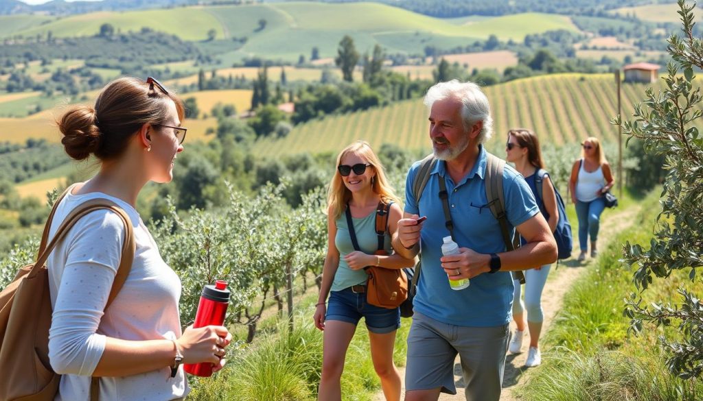 An eco-tourism guide leading tourists through an Italian countryside experience