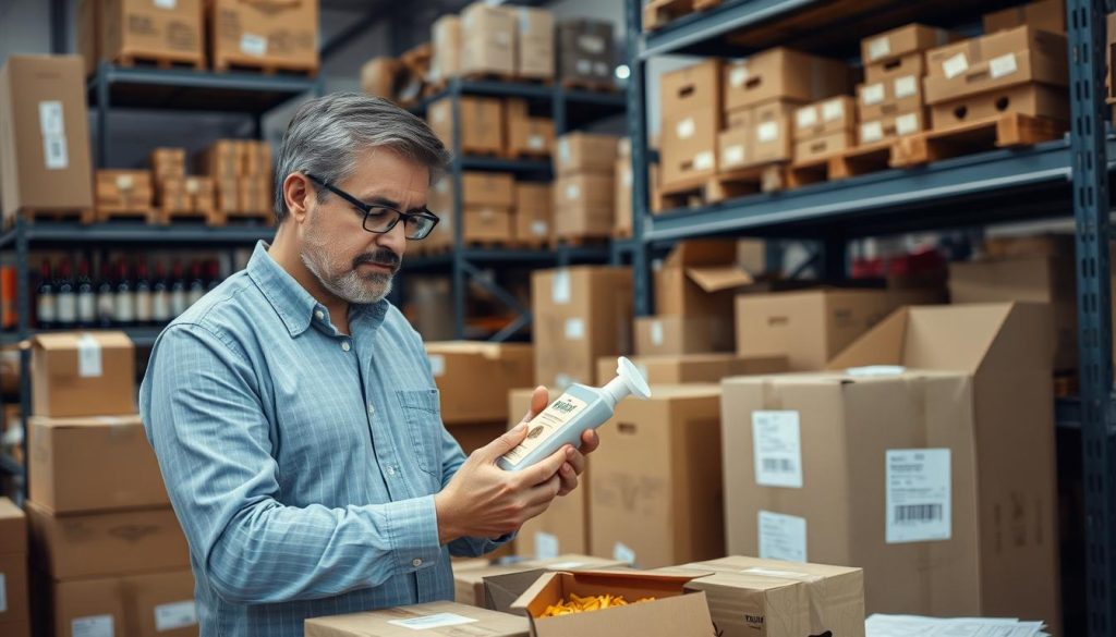 An import/export business owner inspecting Italian products for international shipping