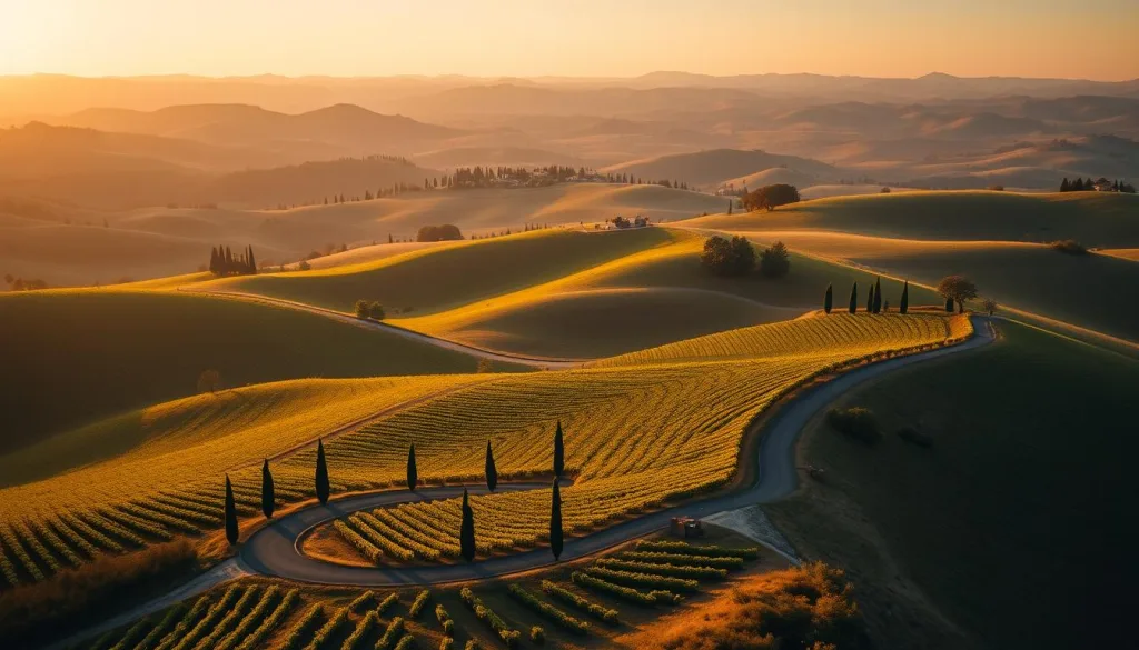 Panoramic view of Tuscan countryside with rolling hills, vineyards, and cypress trees - a perfect filming location for a production company in Italy